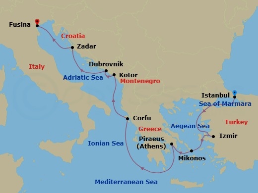 Route map: Istanbul → Izmir → Mykonos → Athens (Piraeus) → Corfu → Kotor → Dubrovnik → Zadar → Venice (Fusina)