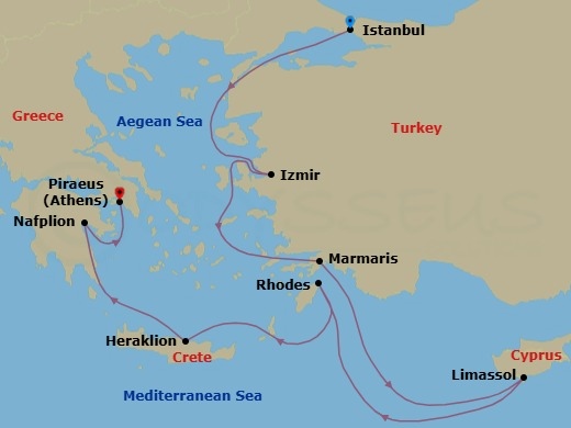 Route map: Istanbul → Izmir → Marmaris → Limassol → Rhodes → Heraklion (Crete) → Nafplion → Athens (Piraeus)