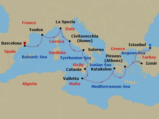 Route map: Istanbul → Izmir → Athens (Piraeus) → Katakolon → Valletta → Catania (Sicily) → Salerno → Rome (Civitavecchia) → Cinque Terre (La Spezia) → Toulon