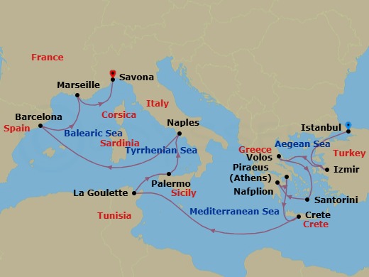 Route map: Istanbul → Izmir → Volos (Meteora) → Thira (Santorini) → Nafplion → Piraeus (Athens) → Souda Bay (Crete) → La Goulette (Tunis) → Palermo → Naples