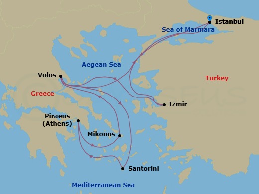 Route map: Istanbul → Izmir → Volos (Meteora) → Thira (Santorini) → Piraeus (Athens) → Mykonos → Volos (Meteora) → Istanbul