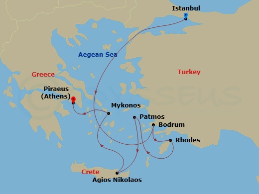 Route map: Istanbul → Bodrum → Rhodes → Patmos → Agios Nikolaos (Crete) → Mykonos → Piraeus (Athens)