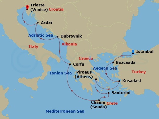 Route map: Istanbul → Bozcaada (Troy) → Ephesus (Kusadasi) → Athens (Piraeus) → Santorini → Chania (Crete) → Corfu → Dubrovnik → Zadar → Trieste
