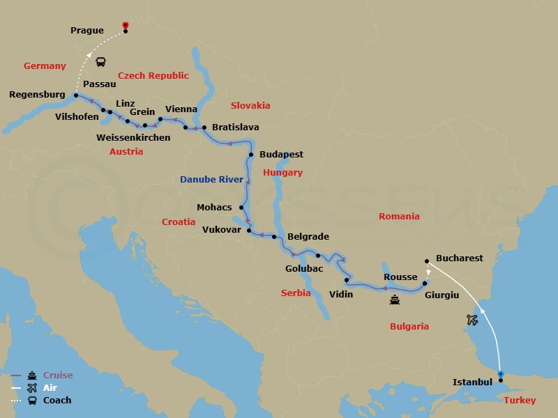 Route map: Istanbul → Bucharest → Giurgiu → Rousse → Vidin → Golubac → Belgrade → Vukovar → Mohács → Budapest