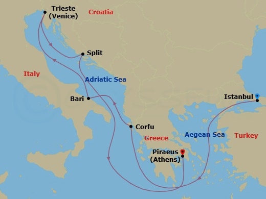 Route map: Istanbul Turkey → Corfu Greece → Bari Italy → Trieste (Venice) Italy → Split Croatia → Piraeus (Athens) Greece