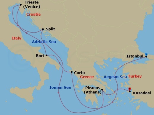 Route map: Istanbul Turkey → Corfu Greece → Bari Italy → Trieste (Venice) Italy → Split Croatia → Piraeus (Athens) Greece → Kusadasi Turkey