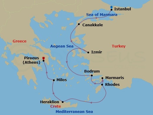 Route map: Istanbul → Canakkale (Troy) → Izmir → Bodrum → Marmaris → Rhodes → Heraklion (Crete) → Milos → Athens (Piraeus)