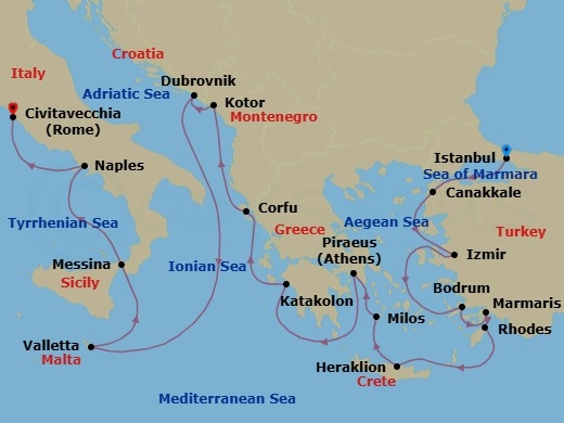 Route map: Istanbul → Canakkale (Troy) → Izmir → Bodrum → Marmaris → Rhodes → Heraklion (Crete) → Milos → Athens (Piraeus) → Katakolon