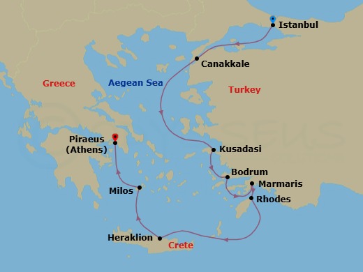 Route map: Istanbul → Canakkale → Kusadasi → Bodrum → Marmaris → Rhodes → Heraklion → Milos → Athens (Piraeus)