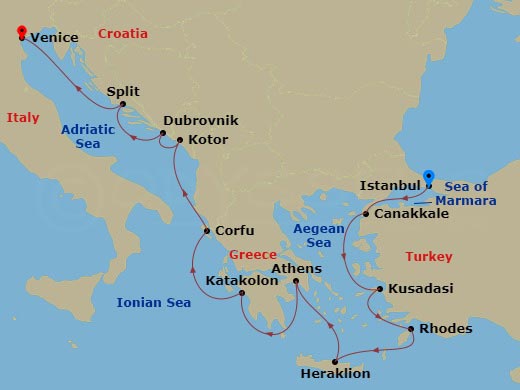 Route map: Istanbul → Troy (Canakkale) → Ephesus (Kusadasi) → Rhodes → Crete (Heraklion) → Athens (Piraeus) → Katakolon (Olympia) → Corfu (Kerkyra) → Kotor → Dubrovnik