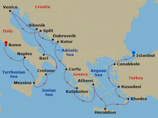 Route map: Istanbul → Troy (Canakkale) → Ephesus (Kusadasi) → Rhodes → Crete (Heraklion) → Athens (Piraeus) → Katakolon (Olympia) → Corfu (Kerkyra) → Kotor → Dubrovnik