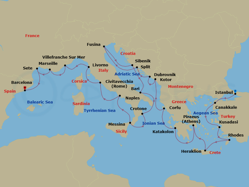 Route map: Istanbul → Troy (Canakkale) → Ephesus (Kusadasi) → Rhodes → Crete (Heraklion) → Athens (Piraeus) → Katakolon (Olympia) → Corfu (Kerkyra) → Kotor → Dubrovnik