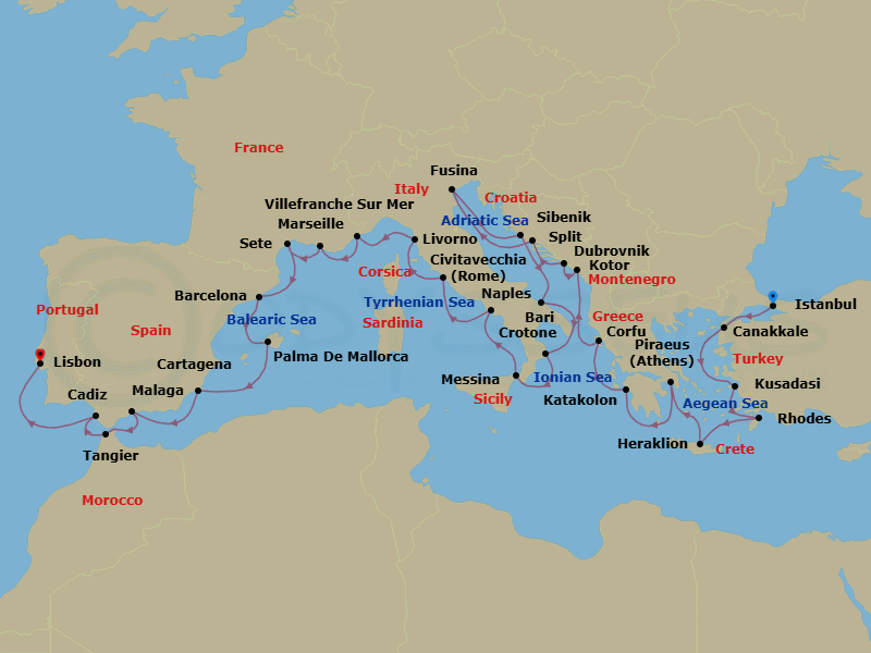 Route map: Istanbul → Troy (Canakkale) → Ephesus (Kusadasi) → Rhodes → Crete (Heraklion) → Athens (Piraeus) → Katakolon (Olympia) → Corfu (Kerkyra) → Kotor → Dubrovnik