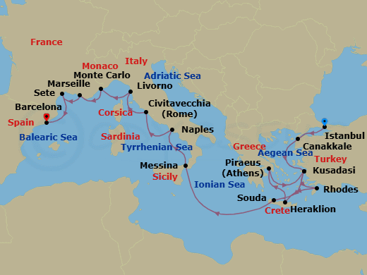 Route map: Istanbul → Troy (Canakkale) → Ephesus (Kusadasi) → Rhodes → Crete (Heraklion) → Athens (Piraeus) → Ephesus (Kusadasi) → Crete (Souda Bay) → Sicily (Messina) → Naples