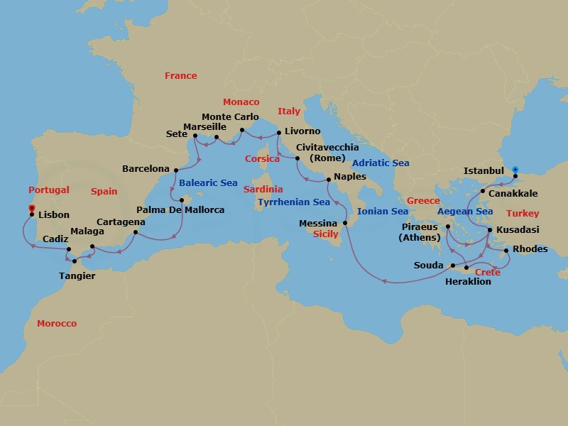 Route map: Istanbul → Troy (Canakkale) → Ephesus (Kusadasi) → Rhodes → Crete (Heraklion) → Athens (Piraeus) → Ephesus (Kusadasi) → Crete (Souda Bay) → Sicily (Messina) → Naples