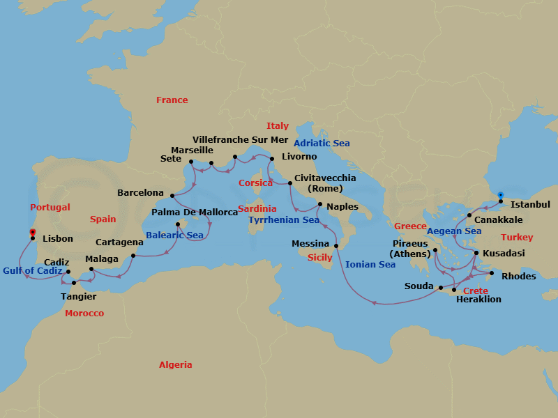 Route map: Istanbul → Troy (Canakkale) → Ephesus (Kusadasi) → Rhodes → Crete (Heraklion) → Athens (Piraeus) → Ephesus (Kusadasi) → Crete (Souda Bay) → Sicily (Messina) → Naples