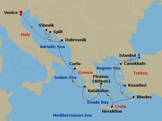 Route map: Istanbul → Troy (Canakkale) → Ephesus (Kusadasi) → Rhodes → Crete (Heraklion) → Athens (Piraeus) → Katakolon (Olympia) → Corfu (Kerkyra) → Kotor → Dubrovnik