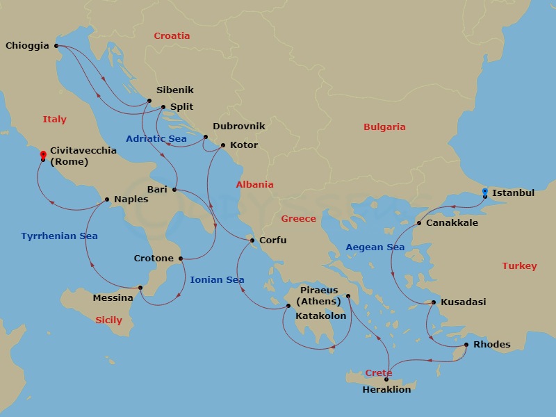 Route map: Istanbul → Troy (Canakkale) → Ephesus (Kusadasi) → Rhodes → Crete (Heraklion) → Athens (Piraeus) → Katakolon (Olympia) → Corfu (Kerkyra) → Kotor → Dubrovnik