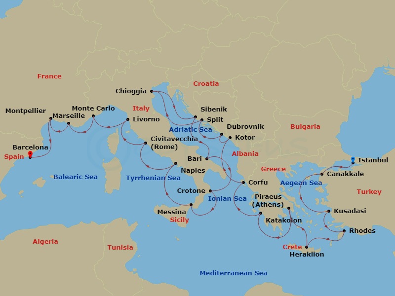 Route map: Istanbul → Troy (Canakkale) → Ephesus (Kusadasi) → Rhodes → Crete (Heraklion) → Athens (Piraeus) → Katakolon (Olympia) → Corfu (Kerkyra) → Kotor → Dubrovnik