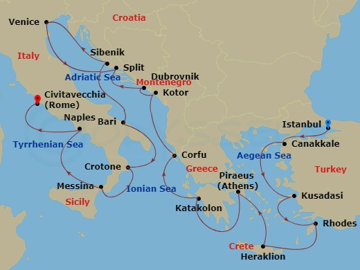 Route map: Istanbul → Troy (Canakkale) → Ephesus (Kusadasi) → Rhodes → Crete (Heraklion) → Athens (Piraeus) → Katakolon (Olympia) → Corfu (Kerkyra) → Kotor → Dubrovnik