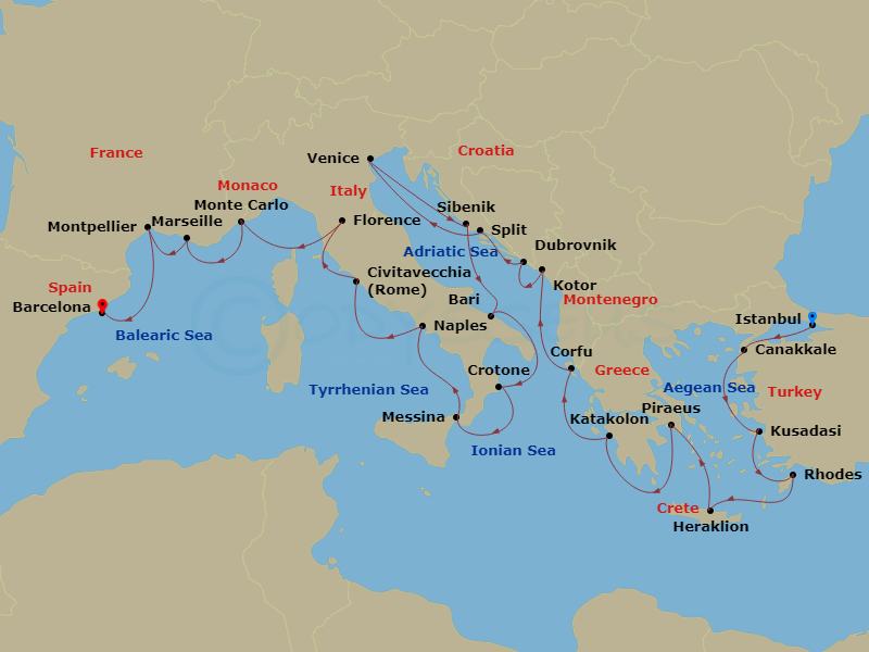 Route map: Istanbul → Troy (Canakkale) → Ephesus (Kusadasi) → Rhodes → Crete (Heraklion) → Athens (Piraeus) → Katakolon (Olympia) → Corfu (Kerkyra) → Kotor → Dubrovnik