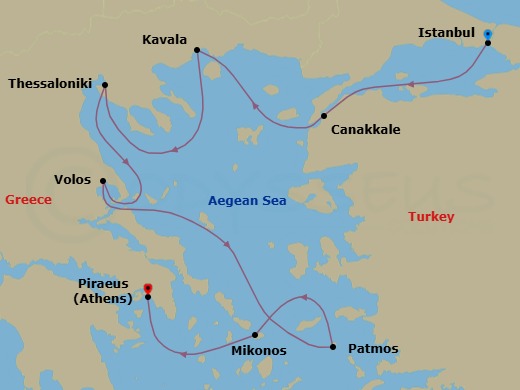 Route map: Istanbul → Canakkale (Troy) → Kavala/Philippi → Thessaloniki → Volos → Patmos → Mykonos → Athens (Piraeus)