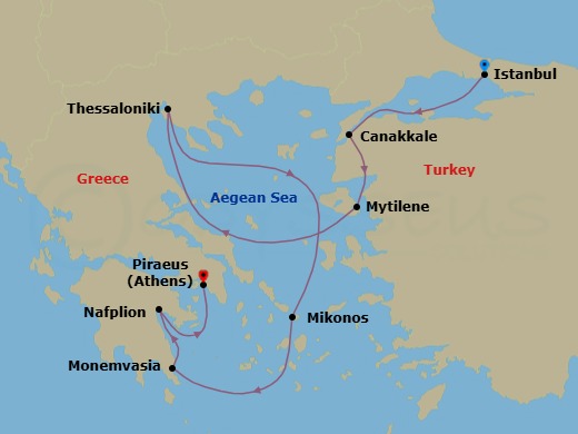 Route map: Istanbul → Canakkale (Kepez) → Mytilene, Lesbos → Thessaloniki → Mykonos → Monemvasia → Nafplio → Athens (Piraeus)