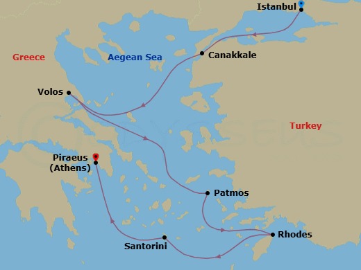 Route map: Istanbul, Turkey → Canakkale, Turkey → Volos, Greece → Patmos, Greece → Rhodes, Greece → Santorini, Greece → Piraeus (Athens), Greece