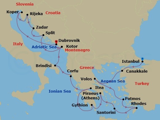 Route map: Istanbul, Turkey → Canakkale, Turkey → Volos, Greece → Patmos, Greece → Rhodes, Greece → Santorini, Greece → Piraeus (Athens), Greece → Gythion (Sparta), Greece → Itea (Delphi), Greece → Corfu, Greece