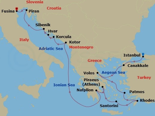 Route map: Istanbul, Turkey → Canakkale, Turkey → Volos, Greece → Patmos, Greece → Rhodes, Greece → Santorini, Greece → Piraeus (Athens), Greece → Nafplion, Greece → Kotor, Montenegro → Korcula, Croatia