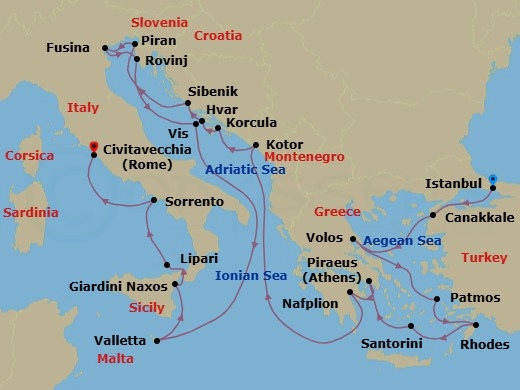 Route map: Istanbul, Turkey → Canakkale, Turkey → Volos, Greece → Patmos, Greece → Rhodes, Greece → Santorini, Greece → Piraeus (Athens), Greece → Nafplion, Greece → Kotor, Montenegro → Korcula, Croatia