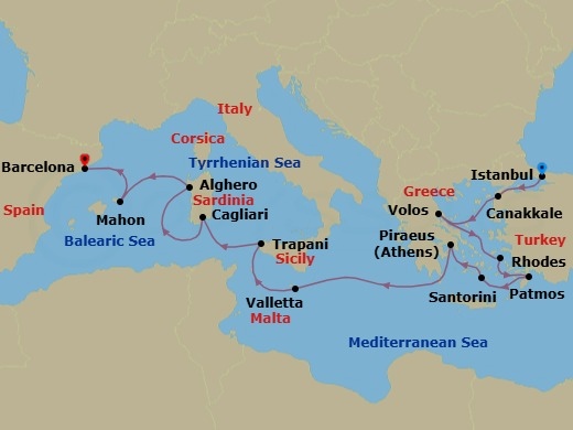 Route map: Istanbul, Turkey → Canakkale, Turkey → Volos, Greece → Patmos, Greece → Rhodes, Greece → Santorini, Greece → Piraeus (Athens), Greece → Valletta, Malta → Trapani, Italy → Cagliari, Sardinia, Italy