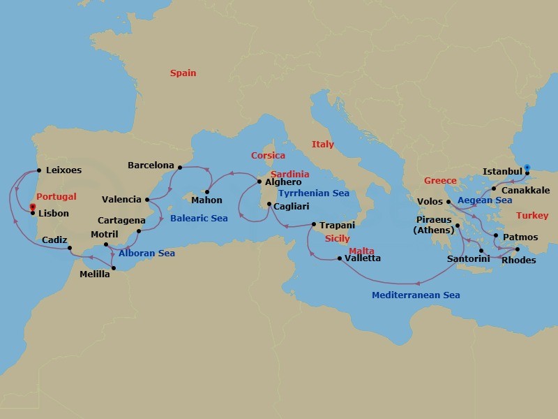 Route map: Istanbul, Turkey → Canakkale, Turkey → Volos, Greece → Patmos, Greece → Rhodes, Greece → Santorini, Greece → Piraeus (Athens), Greece → Valletta, Malta → Trapani, Italy → Cagliari, Sardinia, Italy