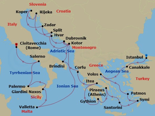 Route map: Istanbul, Turkey → Canakkale, Turkey → Volos, Greece → Patmos, Greece → Symi, Greece → Santorini, Greece → Piraeus (Athens), Greece → Gythion (Sparta), Greece → Itea (Delphi), Greece → Corfu, Greece