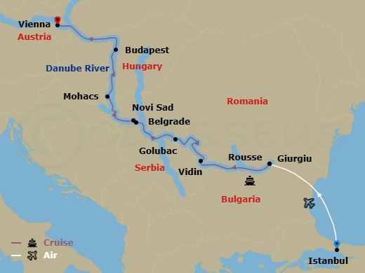 Route map: Istanbul → Giurgiu → Rousse → Vidin → Golubac → Belgrade → Novi Sad → Mohács → Budapest → Vienna