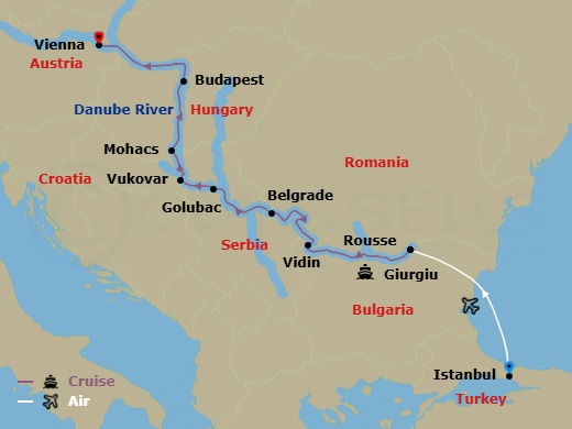 Route map: Istanbul → Giurgiu → Rousse → Vidin → Golubac → Belgrade → Vukovar → Mohács → Budapest → Vienna