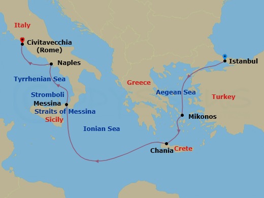 Route map: Istanbul, Turkey → Mykonos, Greece → Souda (Chania), Greece → Messina, Italy → Naples (Pompeii/Amalfi), Italy → Civitavecchia (Rome), Italy