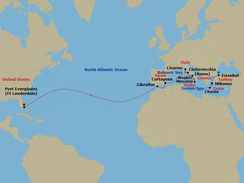 Route map: Istanbul, Turkey → Mykonos, Greece → Souda (Chania), Greece → Messina, Italy → Naples (Pompeii/Amalfi), Italy → Civitavecchia (Rome), Italy → Livorno (Florence/Pisa), Italy → Cartagena, Spain → Gibraltar → Fort Lauderdale, Florida, US