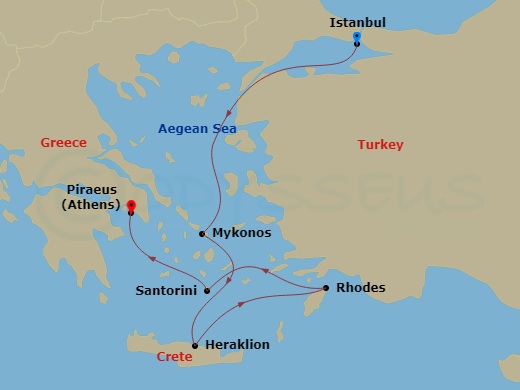 Route map: Istanbul → Mykonos → Heraklion (Crete) → Rhodes → Thira (Santorini) → Piraeus (Athens)