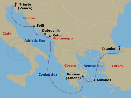 Route map: Istanbul → Mykonos → Athens (Piraeus) → Kotor → Dubrovnik → Split → Venice (Trieste)