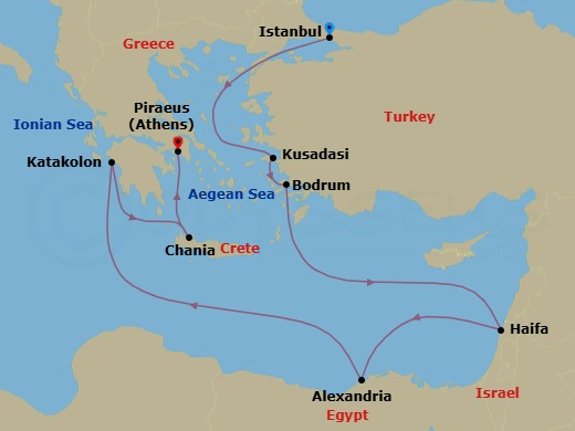 Route map: Istanbul → Kusadasi → Bodrum → Haifa → Alexandria → Katakolon → Chania → Athens (Piraeus)
