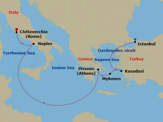 Route map: ISTANBUL, TURKIYE → Dardanelles Strait, Turkey    (Transit) → KUSADASI (TOURS TO EPHESUS),  TURKIYE → Mykonos, Greece → Piraeus (tours to Athens), Greece → Naples (tours to Capri or Pompeii), Italy → Civitavecchia (tours to Rome),Italy
