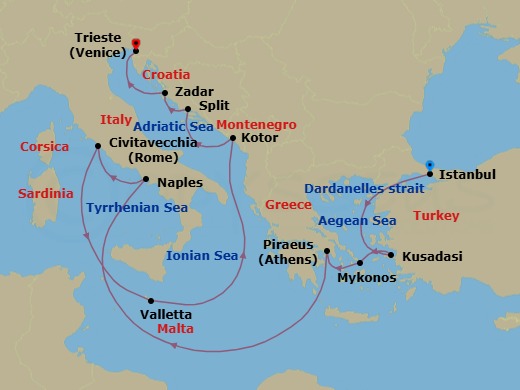 Route map: ISTANBUL, TURKIYE → Dardanelles Strait, Turkey    (Transit) → KUSADASI (TOURS TO EPHESUS),  TURKIYE → Mykonos, Greece → Piraeus (tours to Athens), Greece → Naples (tours to Capri or Pompeii), Italy → Civitavecchia (tours to Rome),Italy → Valletta, Malta → Kotor, Montenegro → Split, Croatia