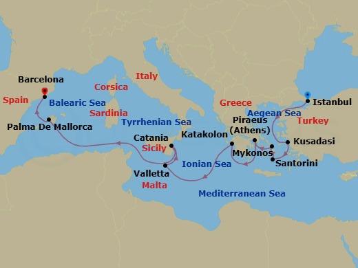 Route map: Istanbul, Turkey → Kusadasi, Turkey → Santorini Island, Greece → Mykonos, Greece → Piraeus  Athens, Greece → Olympia  Katakolon, Greece → Valletta, Malta → Catania, Italy → Palma Majorca, Spain → Barcelona, Spain