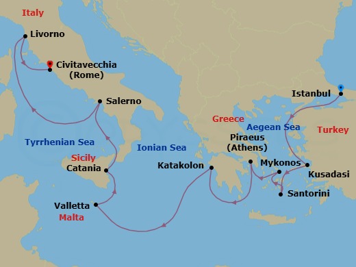 Route map: Istanbul, Turkey → Kusadasi, Turkey → Santorini Island, Greece → Mykonos, Greece → Piraeus  Athens, Greece → Olympia  Katakolon, Greece → Valletta, Malta → Catania, Italy → Amalfi Coast (Salerno), Italy → Livorno  Florence Pisa, Italy