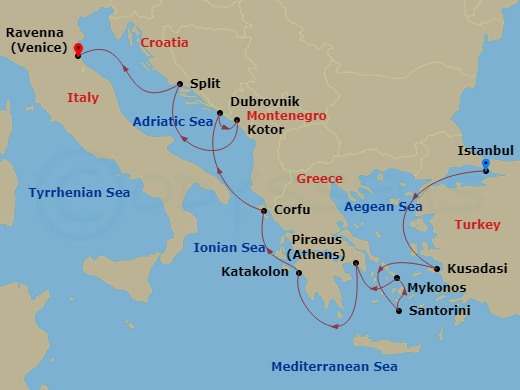 Route map: Istanbul, Turkey → Kusadasi, Turkey → Santorini Island, Greece → Mykonos, Greece → Piraeus  Athens, Greece → Olympia  Katakolon, Greece → Corfu, Greece → Dubrovnik, Croatia → Kotor, Montenegro → Split, Croatia