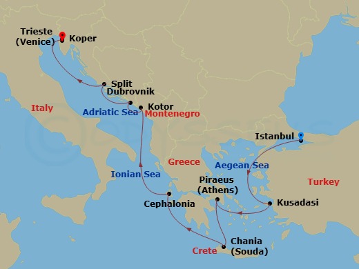 Route map: Istanbul → Ephesus (Kusadasi) → Athens (Piraeus) → Chania (Crete) → Argostoli (Cephalonia) → Kotor → Dubrovnik → Split → Koper → Trieste