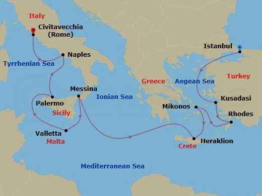 Route map: Istanbul, Turkey → Kusadasi, Turkey (for Ephesus) → Rhodes, Greece → Mykonos, Greece → Crete (Heraklion), Greece → Sicily (Messina), Italy → Valletta, Malta → Sicily (Palermo), Italy → Naples, Italy (for Capri & Pompeii) → Civitavecchia (for Rome), Italy