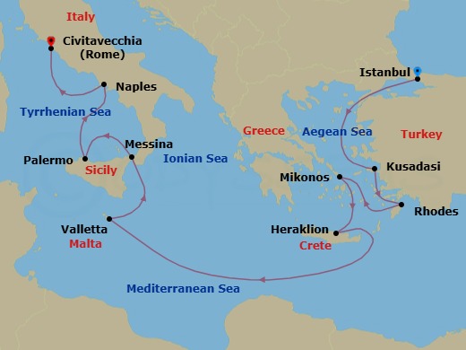 Route map: Istanbul, Turkey → Kusadasi, Turkey (for Ephesus) → Rhodes, Greece → Mykonos, Greece → Crete (Heraklion), Greece → Valletta, Malta → Sicily (Messina), Italy → Sicily (Palermo), Italy → Naples, Italy (for Capri & Pompeii) → Civitavecchia (for Rome), Italy