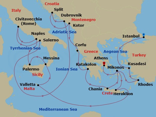 Route map: Istanbul, Turkey → Kusadasi, Turkey (for Ephesus) → Rhodes, Greece → Mykonos, Greece → Crete (Heraklion), Greece → Valletta, Malta → Sicily (Messina), Italy → Sicily (Palermo), Italy → Naples, Italy (for Capri & Pompeii) → Civitavecchia (for Rome), Italy